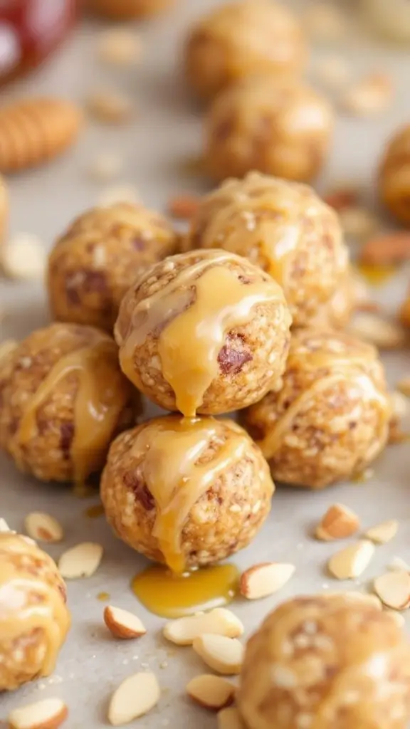 A plate of honey almond energy balls drizzled with honey and topped with almond slices.