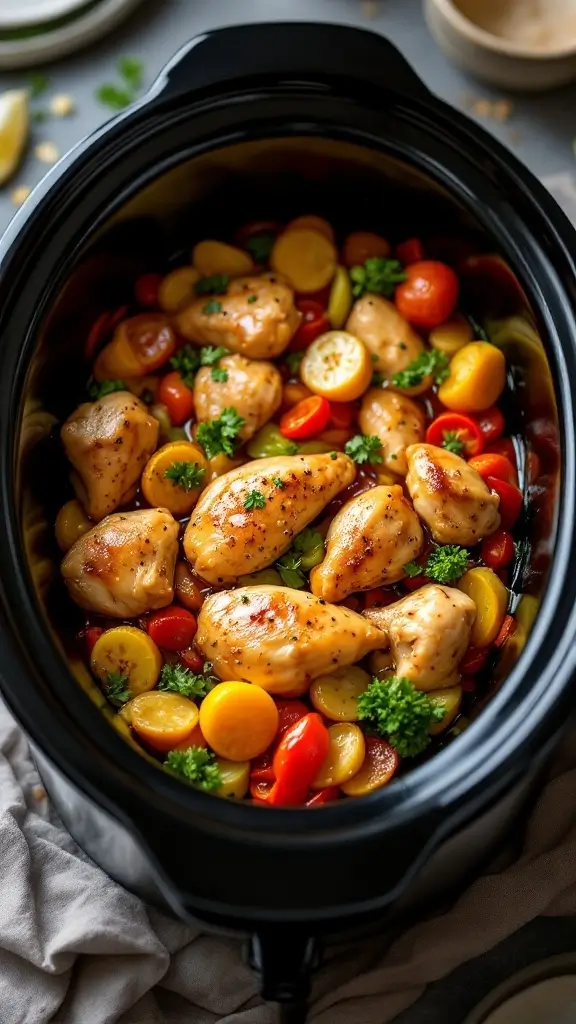 A slow cooker filled with honey garlic chicken and colorful vegetables.