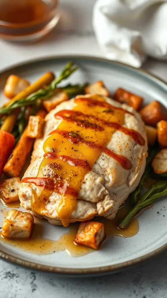 Delicious honey mustard glazed chicken served with vegetables