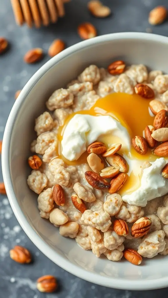 A bowl of honey nut cottage cheese oatmeal topped with nuts and honey.