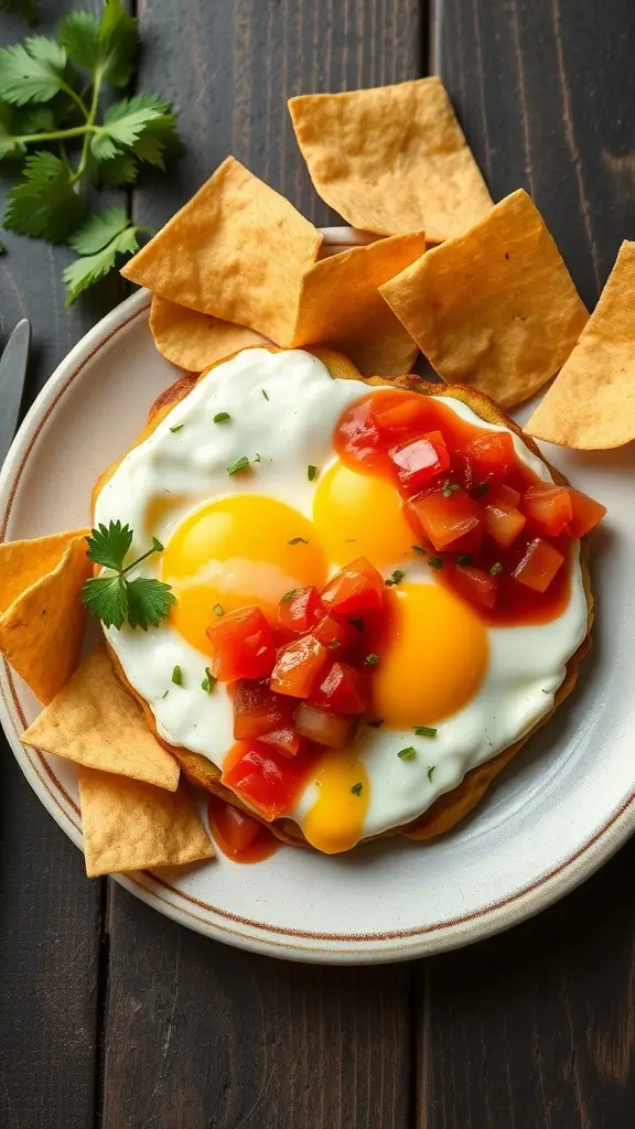 Huevos Rancheros with Salsa served with corn tortillas and cilantro