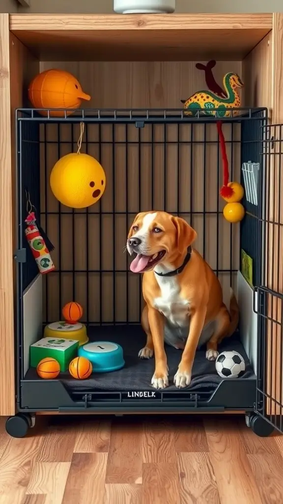 A happy dog sitting in a colorful interactive crate filled with toys.