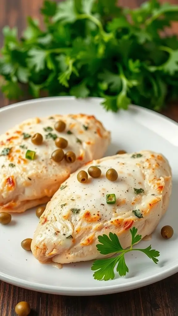 A plate of Italian Chicken Piccata garnished with capers and parsley.