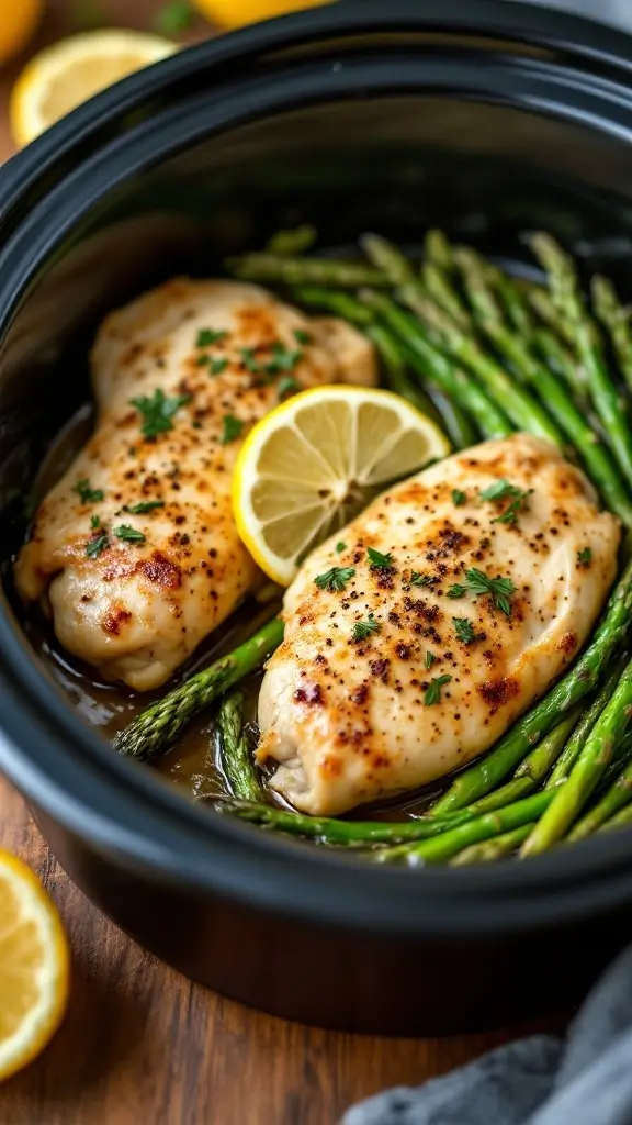A slow cooker filled with lemon garlic chicken and asparagus garnished with lemon slices.