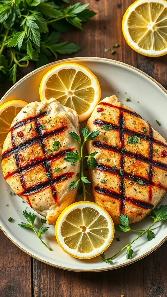 Grilled chicken breasts garnished with parsley and lemon slices.
