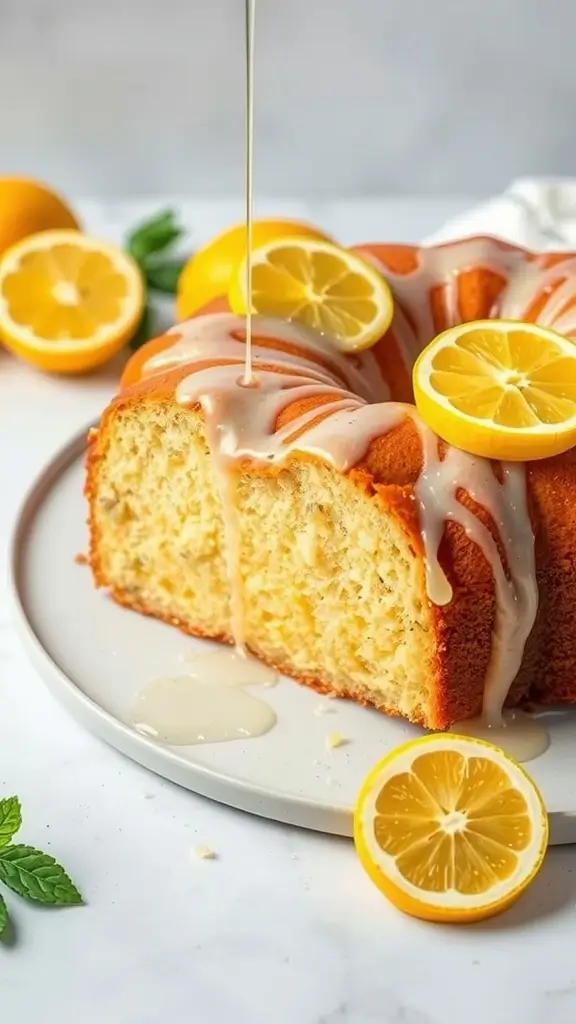 A delicious lemon zest pound cake with a drizzle of lemon glaze and lemon slices on top.