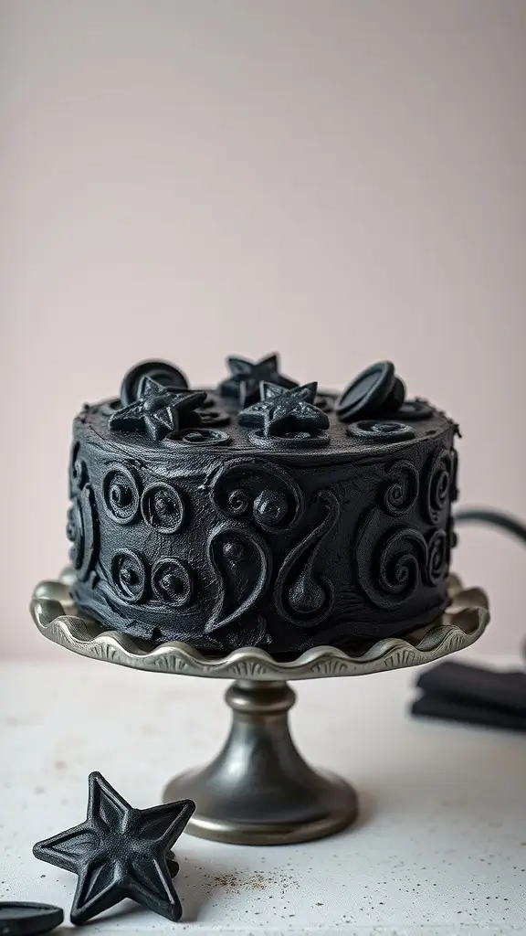 A beautifully decorated black licorice flavored cake on a silver stand.