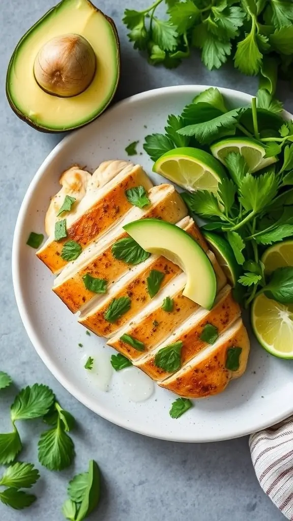 Lime Cilantro Chicken with Avocado topped with fresh herbs and lime slices.
