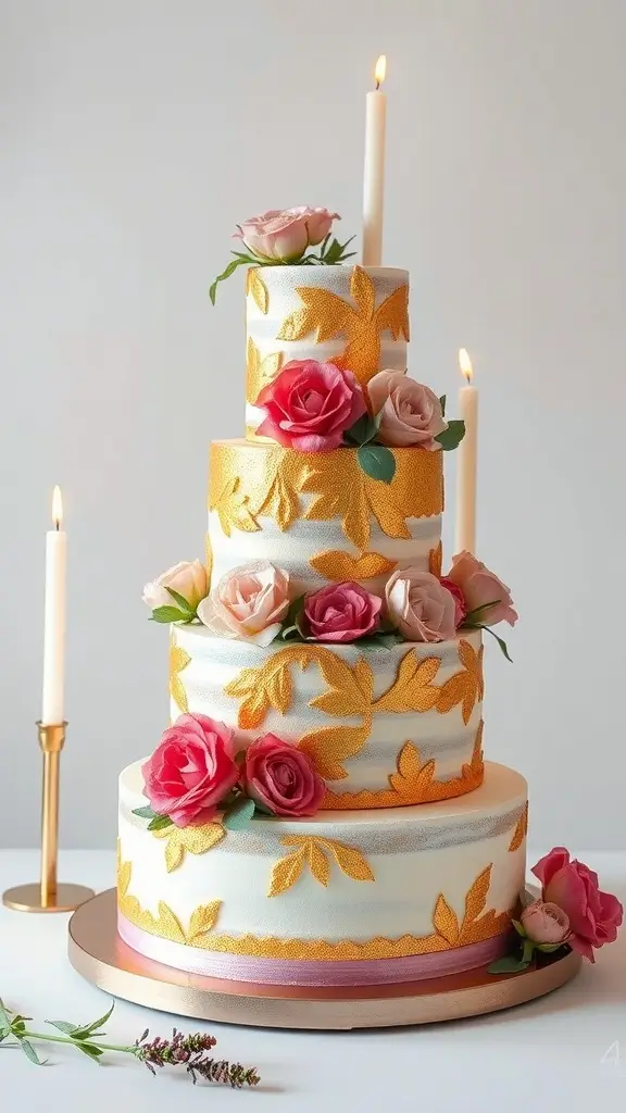 Luxurious gold-leaf cake with floral decorations