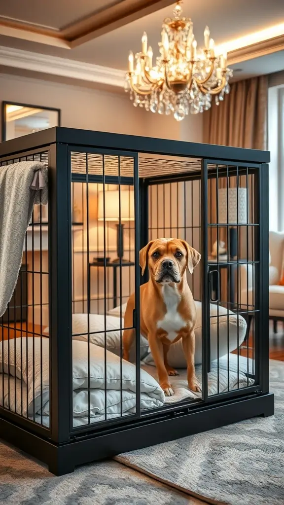 A dog relaxing in a luxurious crate with soft bedding in an elegant room.