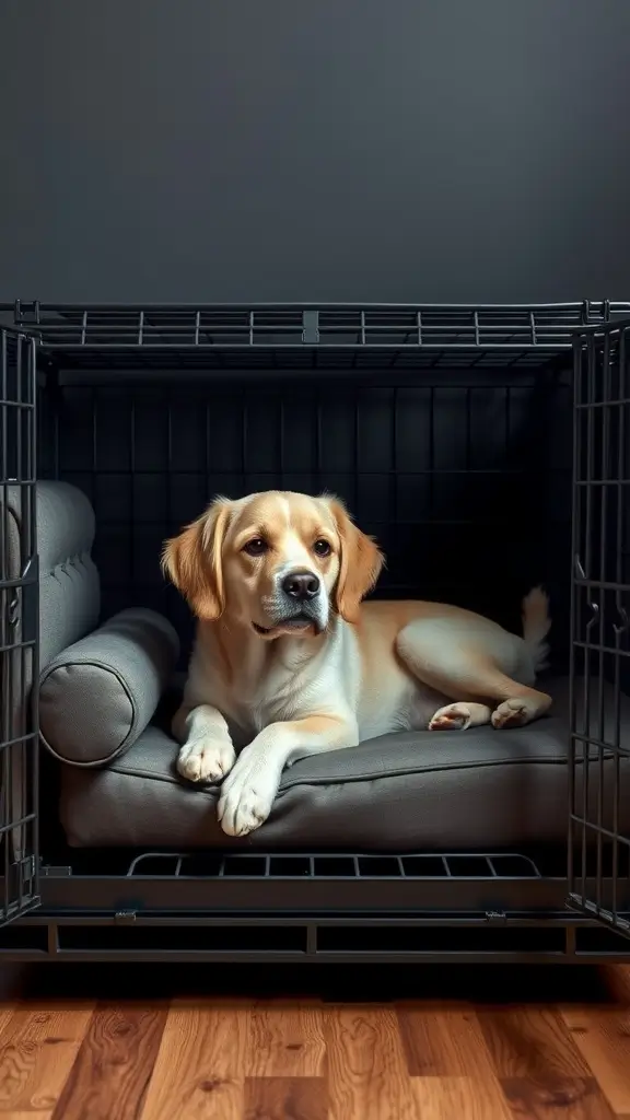 A dog resting in a stylish sofa crate combo, showcasing comfort and modern design.