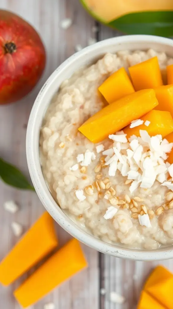 A bowl of Mango Tango Cottage Cheese Oatmeal topped with fresh mango and coconut flakes