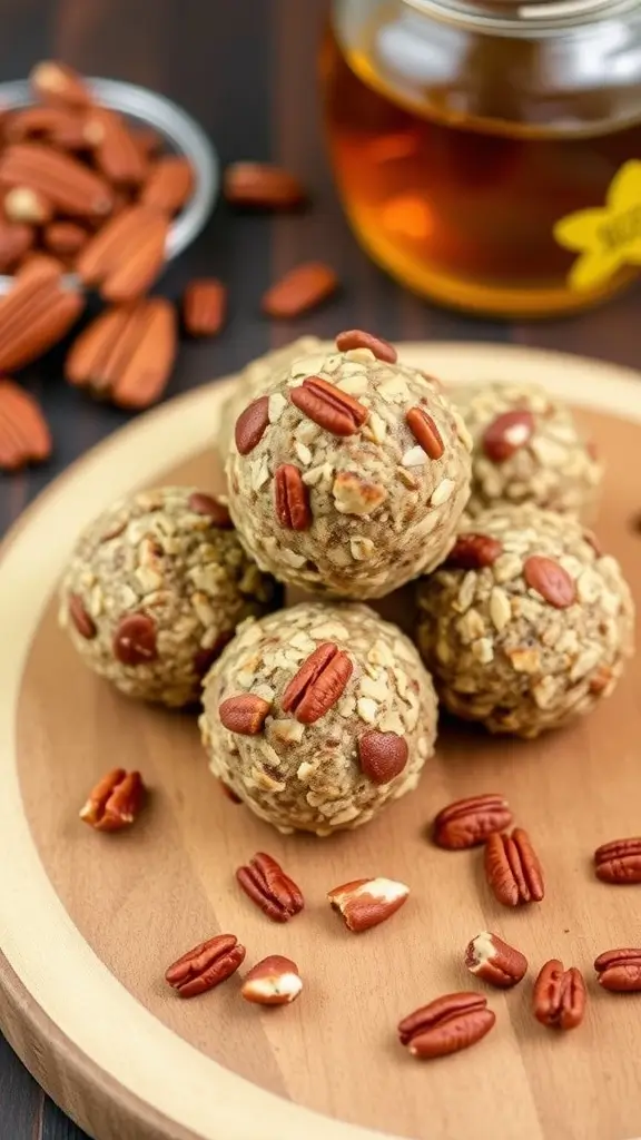 Maple Pecan Energy Balls on a wooden board with pecans