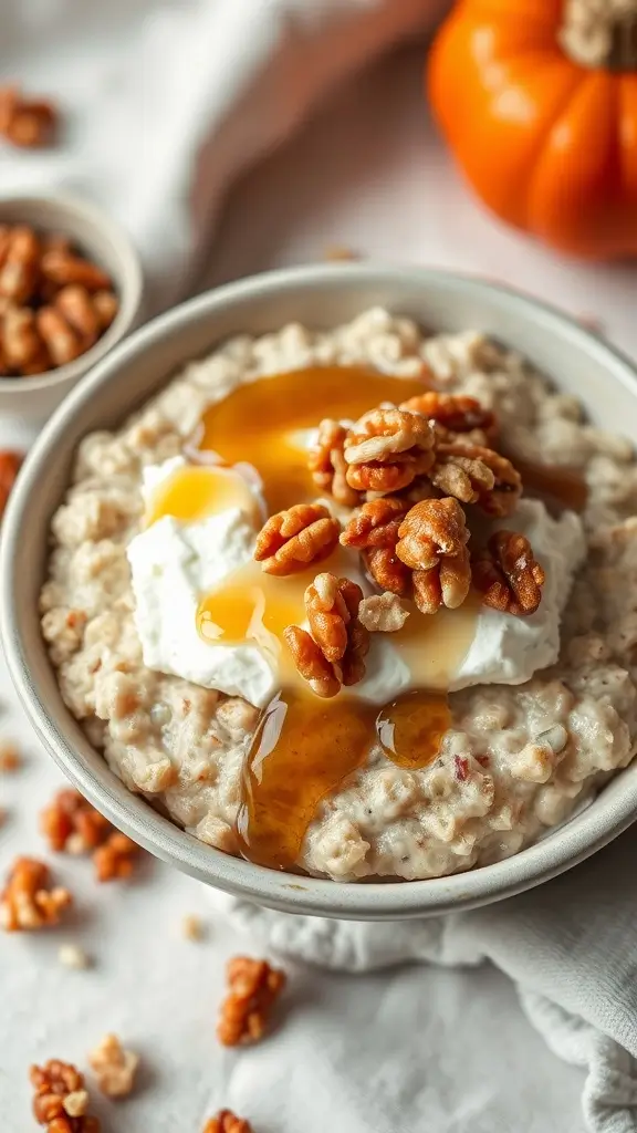A bowl of Maple Walnut Cottage Cheese Oatmeal topped with walnuts and maple syrup