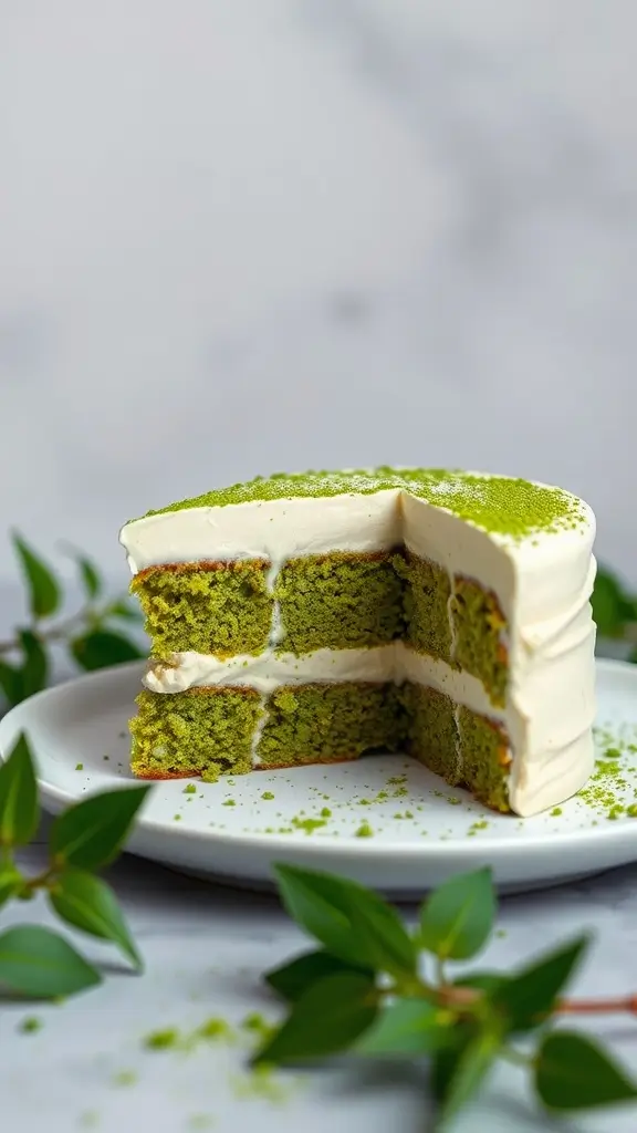 A slice of matcha green tea cake on a plate with green tea powder sprinkled on top.