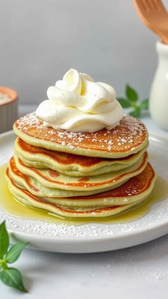 Stack of matcha green tea pancakes topped with whipped cream and syrup.