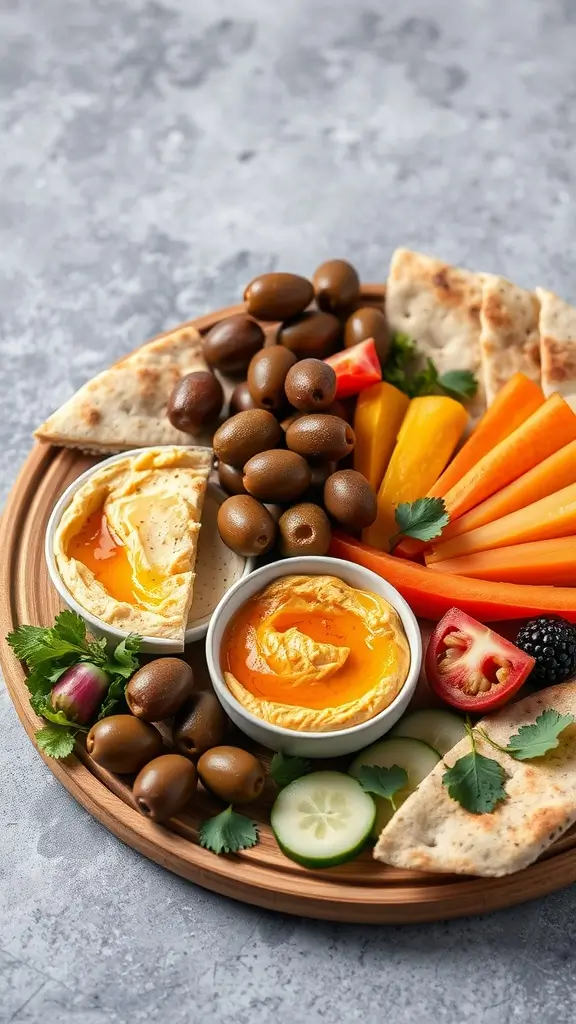 A vibrant Mediterranean breakfast platter with hummus, tzatziki, fresh vegetables, olives, and pita bread.