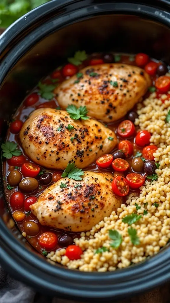 Plate of Mediterranean chicken with olives, tomatoes, and couscous in a slow cooker.