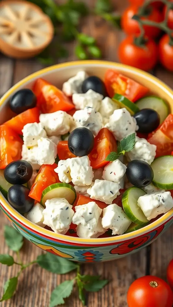 A vibrant Mediterranean salad with cottage cheese, tomatoes, cucumbers, and olives in a colorful bowl.