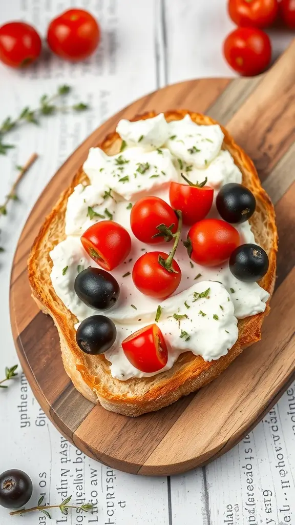 Mediterranean Cottage Cheese Toast with cherry tomatoes and olives