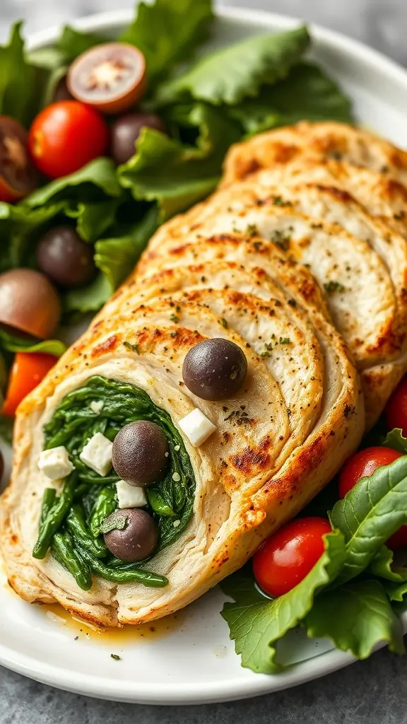 A deliciously plated Mediterranean Stuffed Chicken with spinach, feta, and olives, served with a side salad.