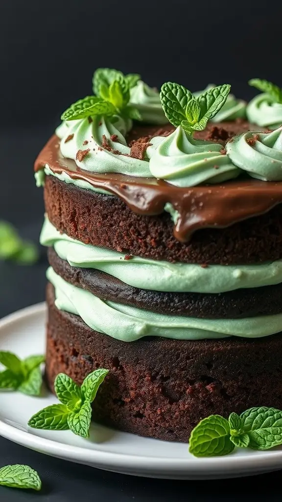 A layered chocolate cake decorated with mint frosting and fresh mint leaves.