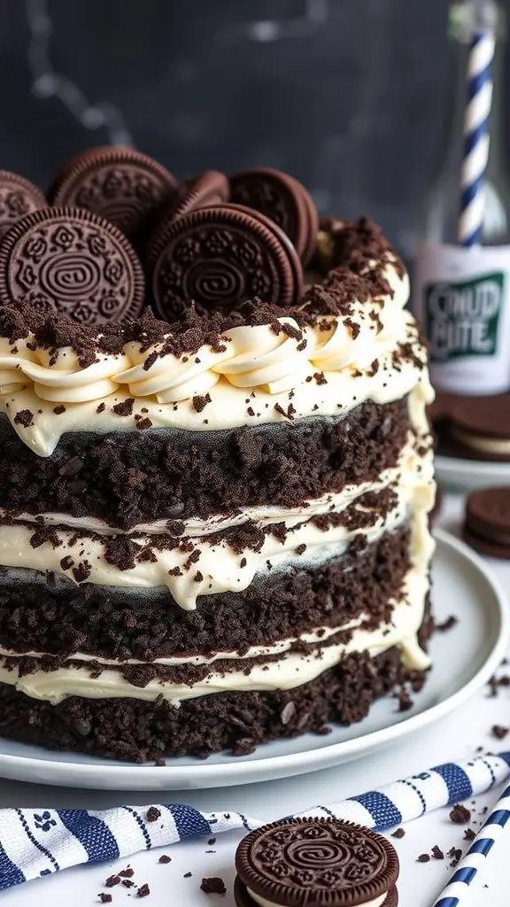 Midnight Oreo Cake with layers of chocolate cake and whipped cream, topped with Oreo cookies.