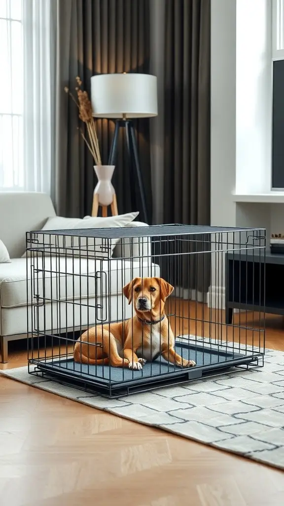 A dog resting in a modern wire frame crate in a stylish living room