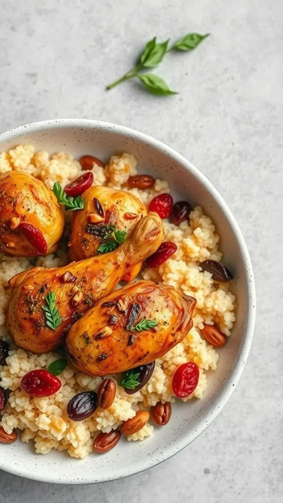 Moroccan-Spiced Chicken served over couscous with nuts and berries.