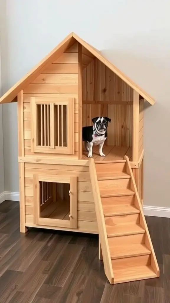 A multi-level wooden dog crate resembling a small house, featuring stairs and a dog resting on the upper level.