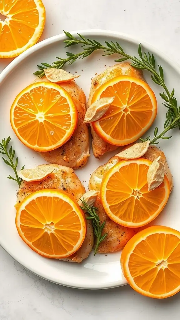 Plate of Orange Ginger Baked Chicken with orange slices and herbs.
