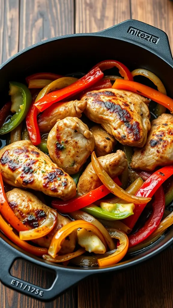 A delicious dish of oven-baked chicken fajitas featuring tender chicken and colorful bell peppers
