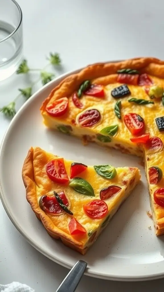 Oven-baked frittata with cherry tomatoes and spinach, served on a plate.