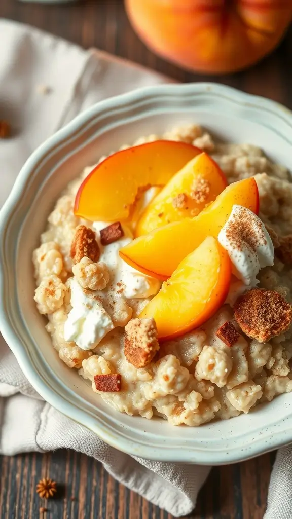 A bowl of peach cobbler cottage cheese oatmeal topped with peach slices and granola.