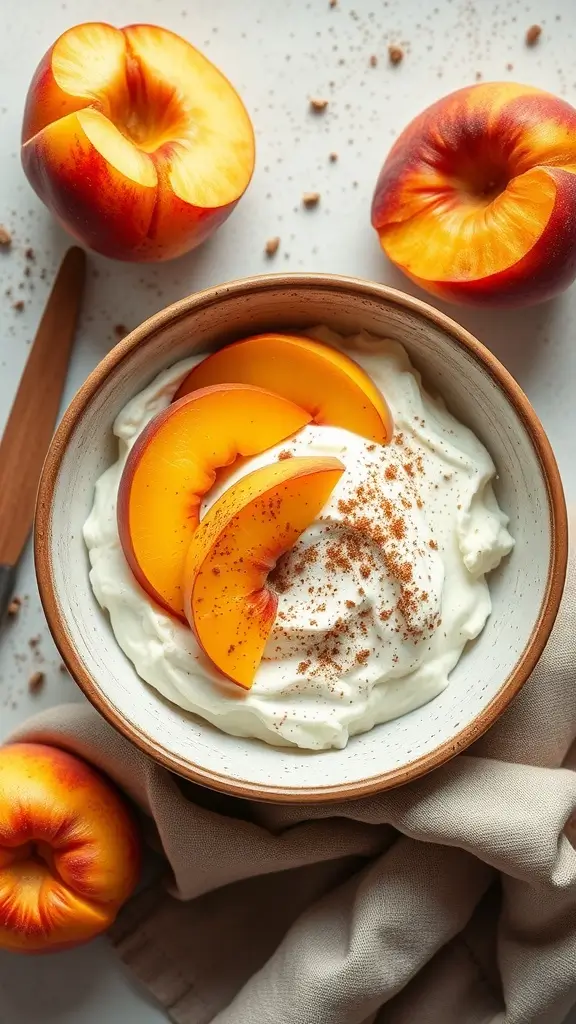 A refreshing peach cottage cheese bowl topped with sliced peaches and a sprinkle of cinnamon.