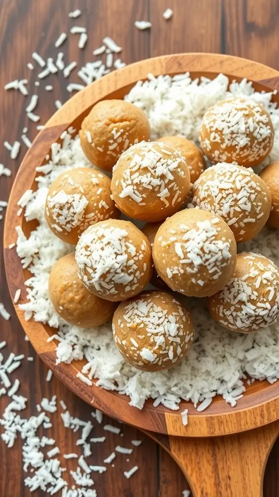 Peanut butter and coconut energy balls on a wooden plate