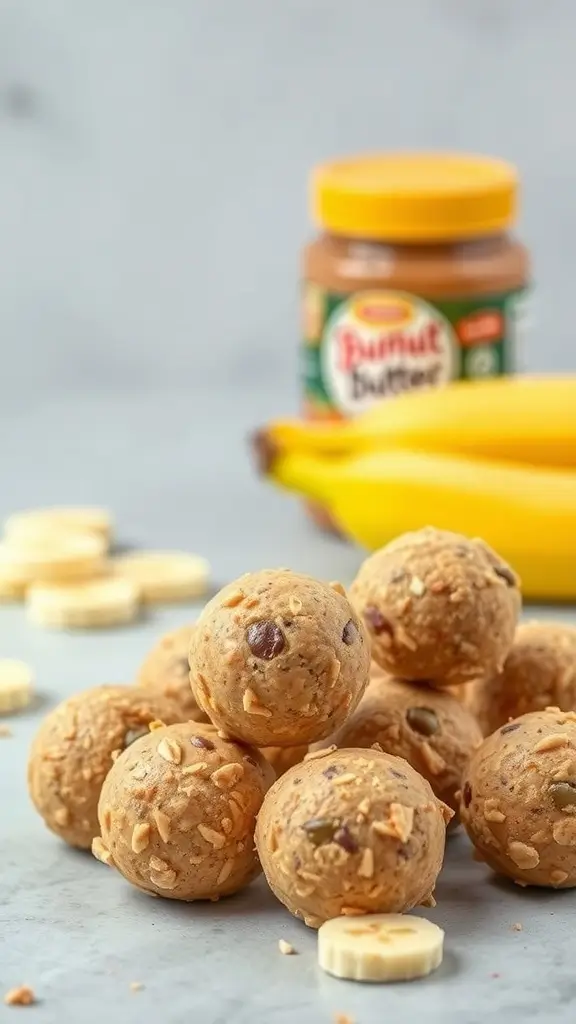 Peanut Butter Banana Energy Bites on a table with bananas and peanut butter in the background