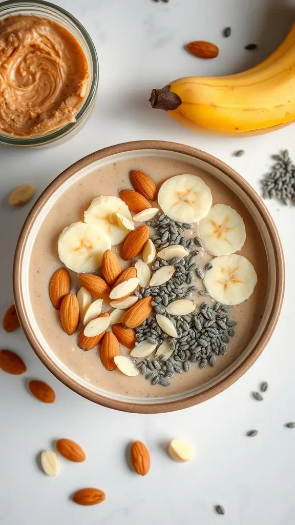 A delicious peanut butter banana smoothie bowl topped with banana slices, almonds, and chia seeds.