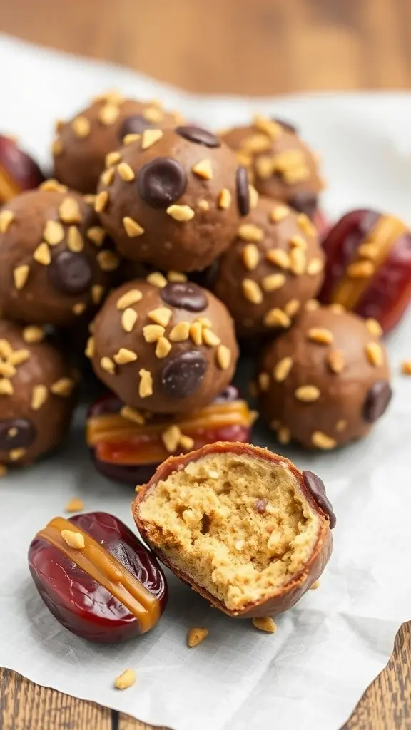Peanut Butter Date Energy Balls on a dark background with dates scattered around
