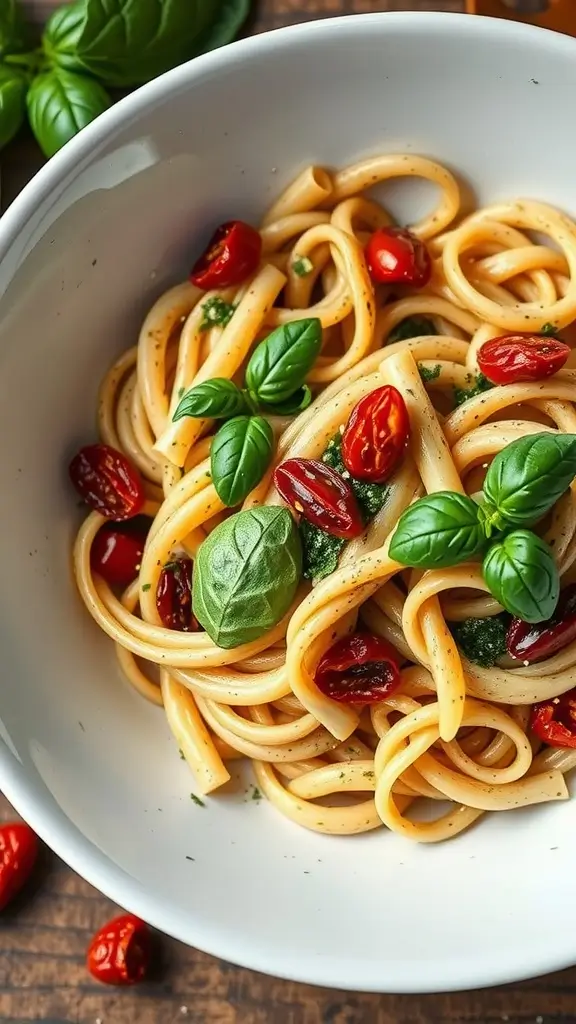 A bowl of Pesto Chicken Pasta with sun-dried tomatoes and fresh basil.