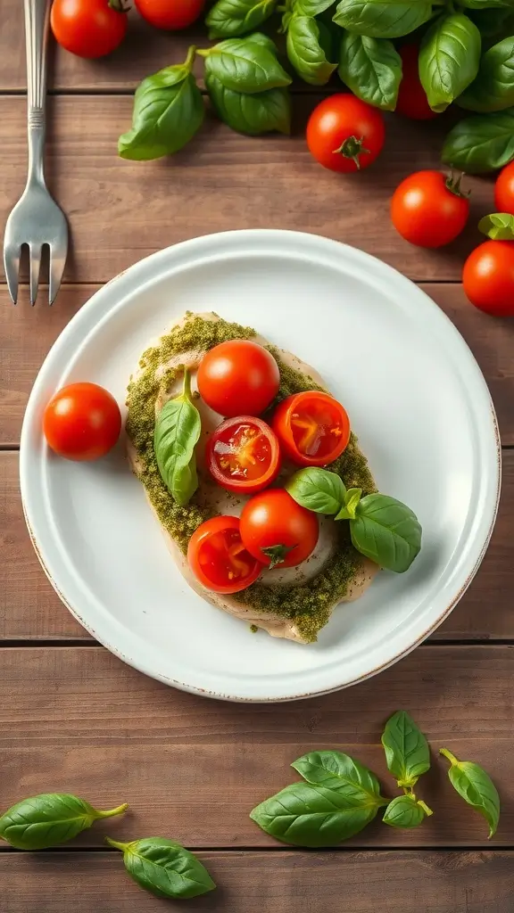 Pesto chicken breast topped with cherry tomatoes and basil leaves