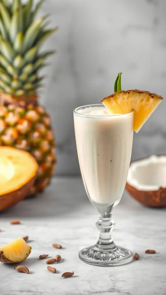 A glass of Pineapple Coconut Smoothie garnished with a slice of pineapple