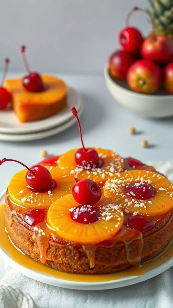 Pineapple Upside-Down Cake decorated with pineapple slices and cherries