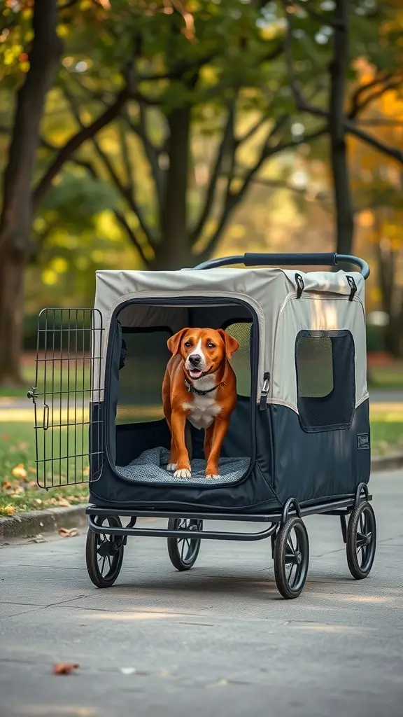 A portable dog crate on wheels with a happy dog inside, set in a park.
