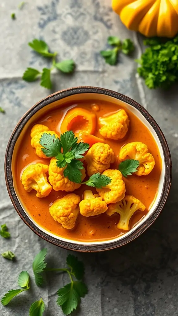 A bowl of pumpkin curry with cauliflower and fresh herbs.