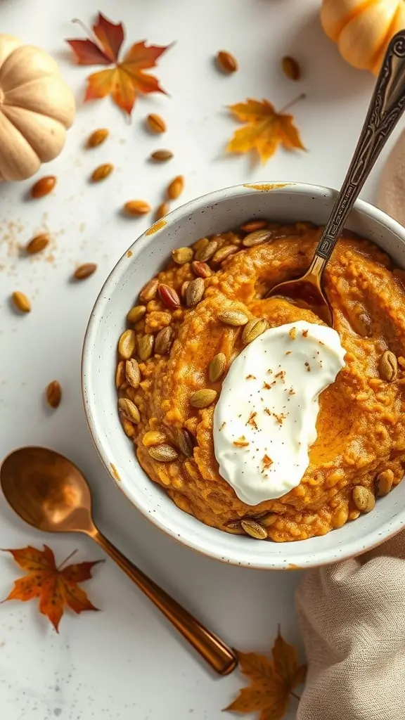 A bowl of creamy pumpkin spice cottage cheese oatmeal topped with pumpkin seeds and yogurt, surrounded by autumn leaves and decorative pumpkins.
