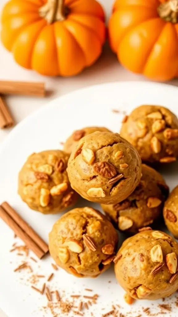 Pumpkin Spice Energy Bites with mini pumpkins and cinnamon sticks