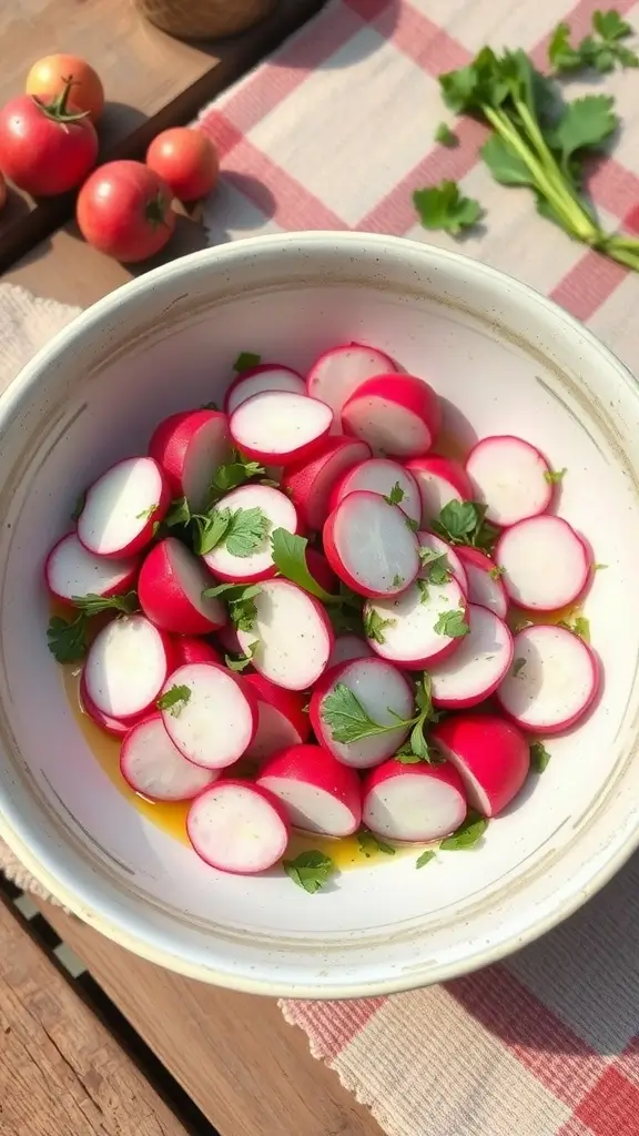 A fresh radish and herb salad in a bowl