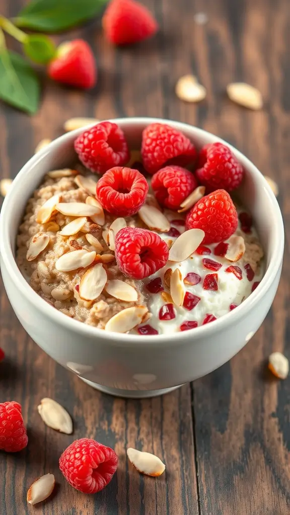 A bowl of raspberry almond cottage cheese oatmeal garnished with fresh raspberries and sliced almonds.