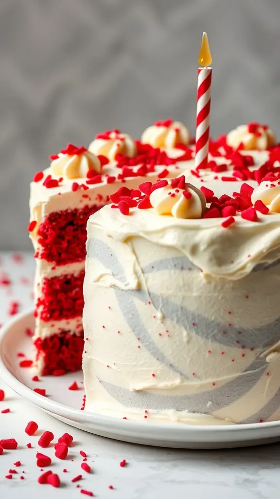 A beautifully decorated red velvet cake with cream cheese icing and red sprinkles.